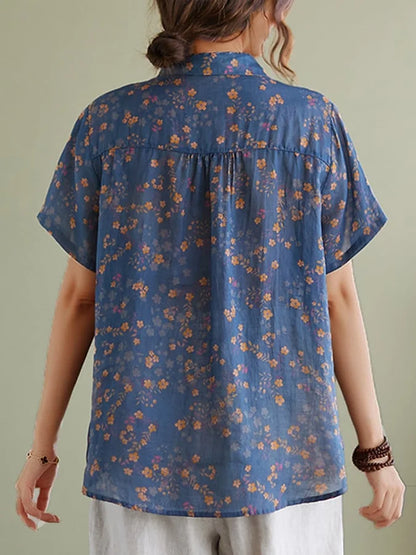 Paige - Vintage Floral Short Sleeve Casual Shirt in Cotton and Linen