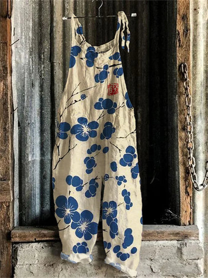 Sakura Serenity® - Japanese Linocut-Inspired Jumpsuit with Cherry Blossom Design