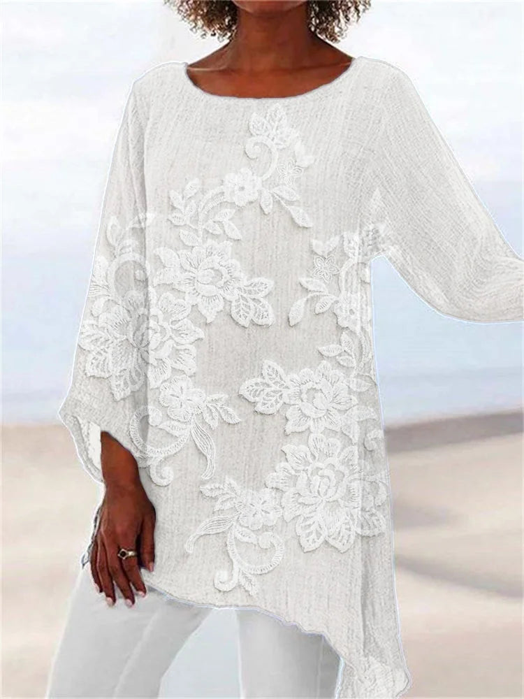 Bohemian Lace-Embroidered Floral Tunic in Linen Blend