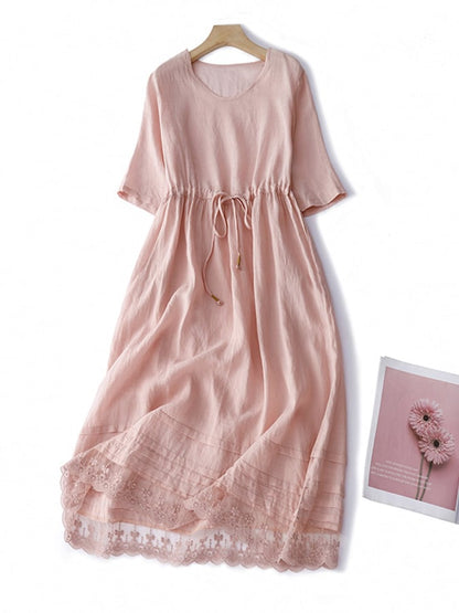 Casual Women's Solid Color Dress with Lace Accents and Pockets