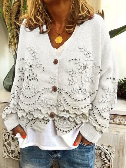 Retro Floral Lace V Neck Warm Cardigan