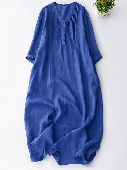 Casual Solid Color Women's V-Neck Dress with Pockets and Button Details