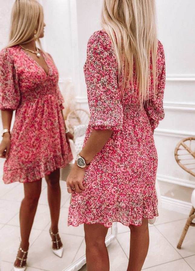 Elowen - Delicate Floral Mini Dress with Pleats and Short Ruffles