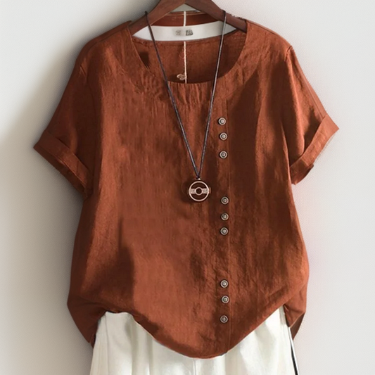 Joline┃Elegant Round Neck T-Shirt with Decorative Buttons