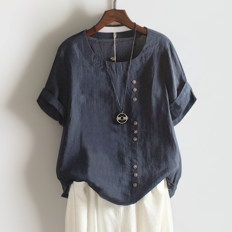 Joline┃Elegant Round Neck T-Shirt with Decorative Buttons