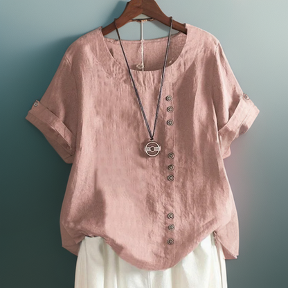 Joline┃Elegant Round Neck T-Shirt with Decorative Buttons