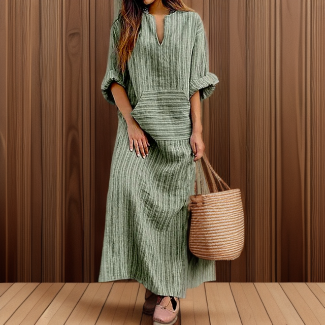 Hailey┃Retro-Inspired Maxi Dress with Striped Neckline