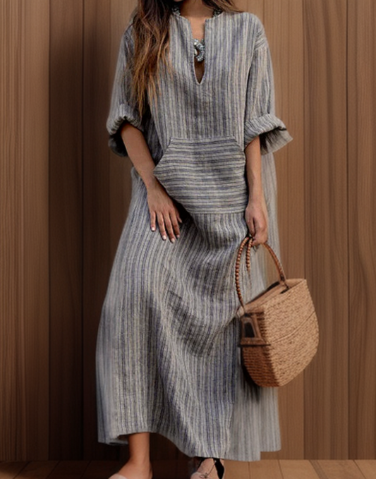 Hailey┃Retro-Inspired Maxi Dress with Striped Neckline