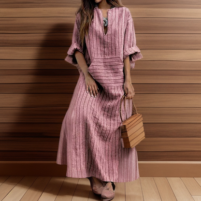 Hailey┃Retro-Inspired Maxi Dress with Striped Neckline