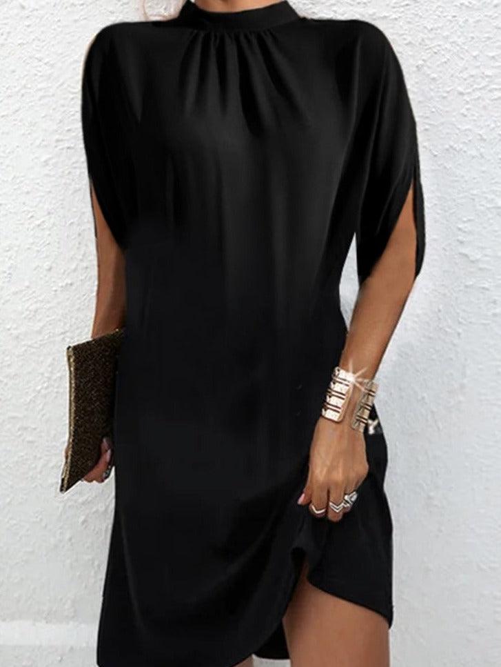 Kassia | Modern Black Midi Dress with High Collar and Slit Sleeves