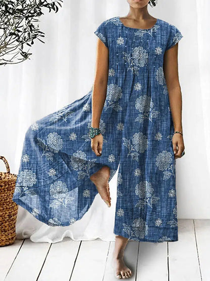 Celandine - Elegant Blue Floral Wide-Leg Jumpsuit