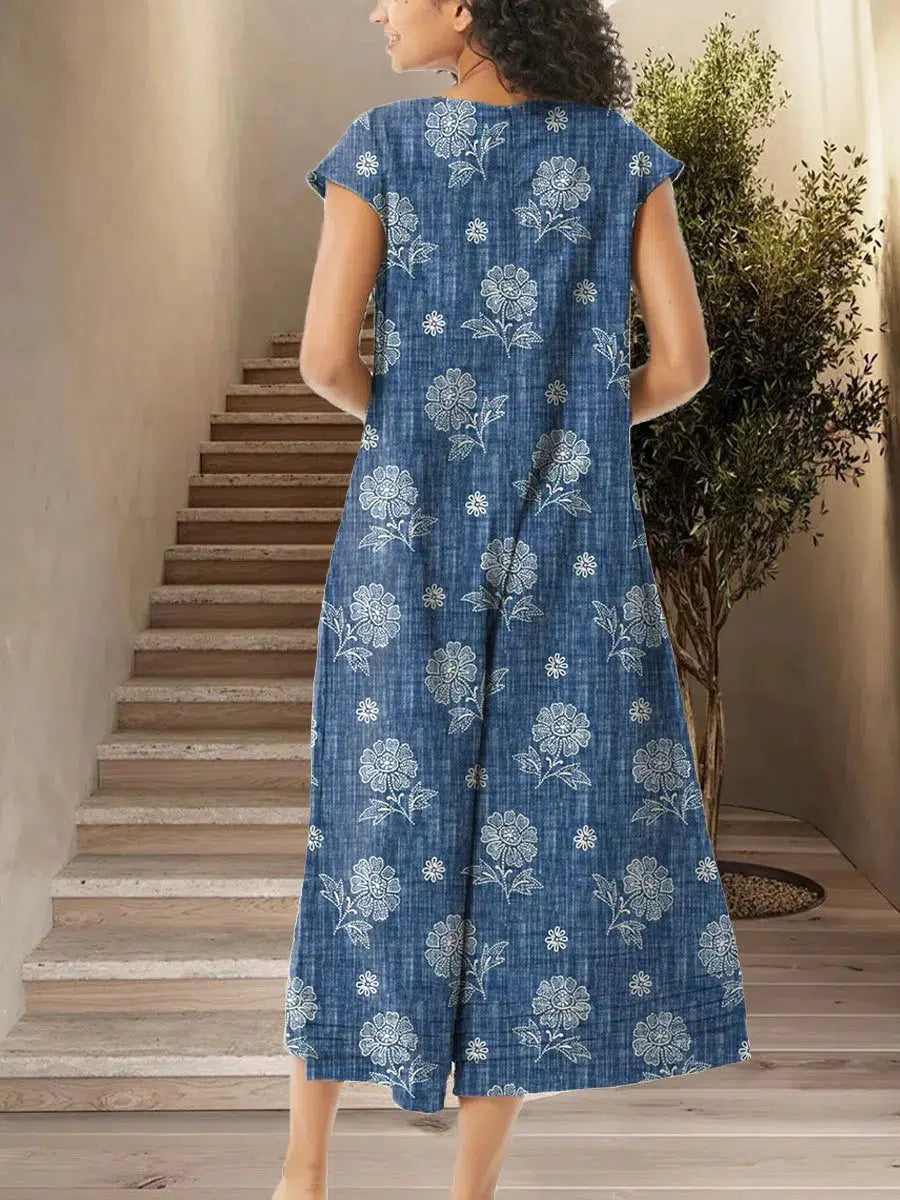 Celandine - Elegant Blue Floral Wide-Leg Jumpsuit