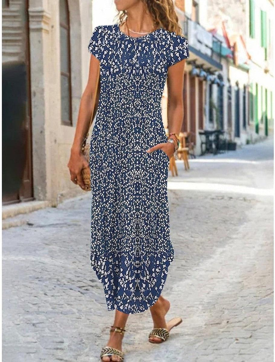 Paloma - Navy Blue and White Floral Print Maxi Dress with Round Neck