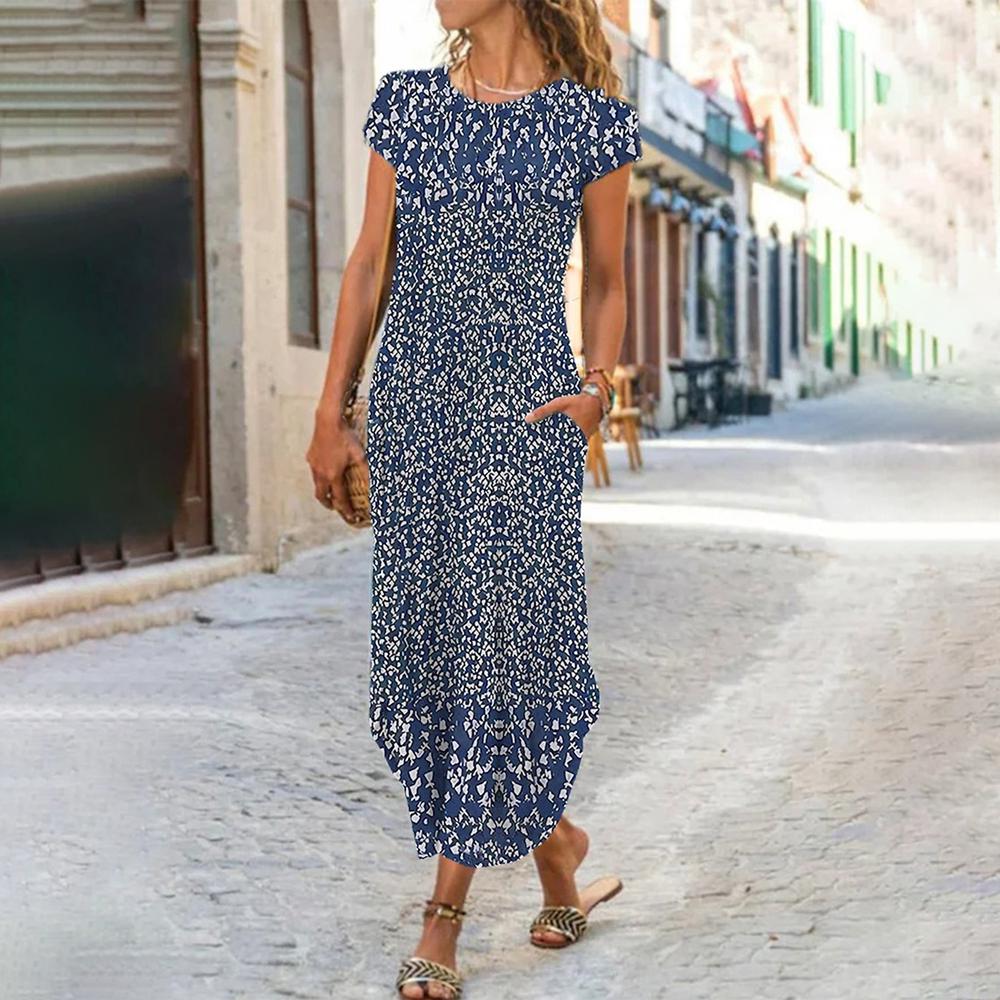 Paloma - Navy Blue and White Floral Print Maxi Dress with Round Neck