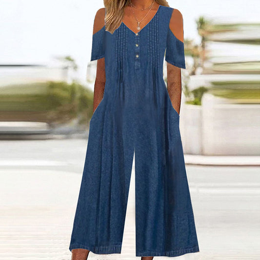 Hildegarde - Blue Short Sleeve Jumpsuit