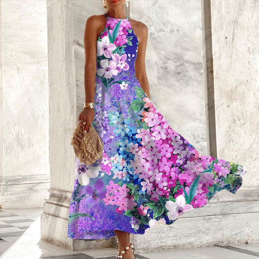 Shera | Purple Sleeveless Maxi Dress with Floral Print